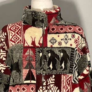 Black Mountain Size L Fleece Zip Up Jacket Reindeer Penguins Snowflakes Maroon